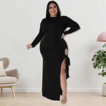 SC Plus Size Long Sleeve Solid Color Tie Up Maxi Dress GDAM-218253