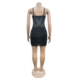 SC Mesh Hot Drill Sling Mini Dress BY-6682