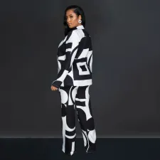 SC Printed Tie Up Blazer Long Sleeve Pants Two Piece Set BY-6707