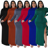 SC Plus Size Long Sleeve Solid Color Tie Up Maxi Dress GDAM-218253