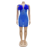 SC Solid Color Mesh Hot Rhinestone Feather Dress BY-6669