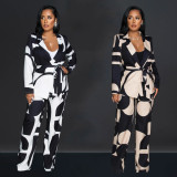 SC Printed Tie Up Blazer Long Sleeve Pants Two Piece Set BY-6707