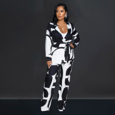 SC Printed Tie Up Blazer Long Sleeve Pants Two Piece Set BY-6707