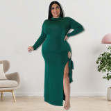 SC Plus Size Long Sleeve Solid Color Tie Up Maxi Dress GDAM-218253