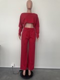 SC Solid Color Long Sleeve Crop Tops And Loose Pant 2 Piece Set OLYF-6111