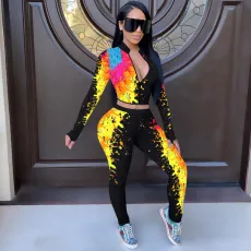 SC Plus Size Colorful Spatter Ink Casual Pants Two Piece Set OYF-D8319