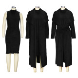 SC Plus Size Solid Padded Coat And Midi Dress 2 Piece Set(With Waist Belt) XHSY-BT19484
