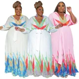 SC Plus Size Tie Up Print Big Swing Pleated Maxi Dress NNWF-7941