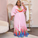 SC Plus Size Tie Up Print Big Swing Pleated Maxi Dress NNWF-7941