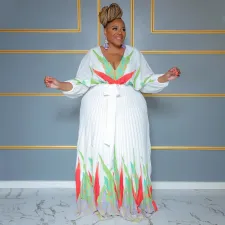 SC Plus Size Tie Up Print Big Swing Pleated Maxi Dress NNWF-7941