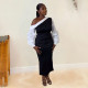 SC Plus Size Color Contrast Split Lantern Sleeve Midi Dress NY-10652