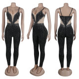 SC Plus Size Mesh Hot Drill Sling Tight Jumpsuit NY-2901
