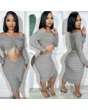 SC Fashion Drawstring One Shoulder Two Piece Skirt Set QXTF-8220