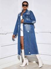 SC Fashion Holes Long Sleeve Denim Long Coat LX-6017