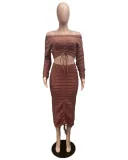 SC Fashion Drawstring One Shoulder Two Piece Skirt Set QXTF-8220