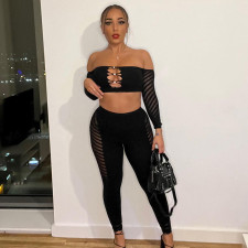 SC Mesh Hollow Out Wrap Chest Tops Two Piece Pants Set MXBF-K23ST156