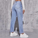 SC High Waist Holes Straight Jeans GKNF-TS009