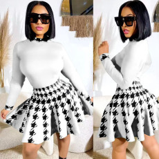 SC Houndstooth Print Long Sleeve Pleated Skirt 2 Piece Set SFY-8522