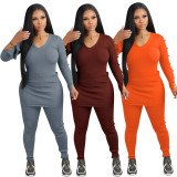 SC Casual V Neck Solid Color Two Piece Pants Set YD-8792