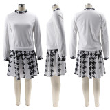 SC Houndstooth Print Long Sleeve Pleated Skirt 2 Piece Set SFY-8522
