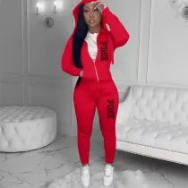 SC PINK Letter Print Hooded Solid Two Piece Pants Set XMF-332
