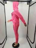 SC PINK Letter Print Hooded Solid Two Piece Pants Set XMF-332