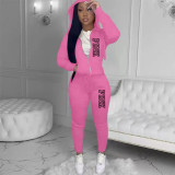 SC PINK Letter Print Hooded Solid Two Piece Pants Set XMF-332