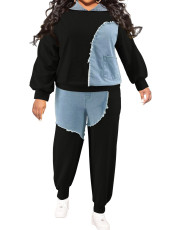 SC Plus Size Contrast Color Denim Patchwork Two Piece Pants Set GDAM-218325