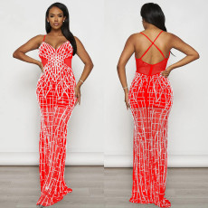 SC Solid Mesh Hot Drill Sling Maxi Dress BY-6689