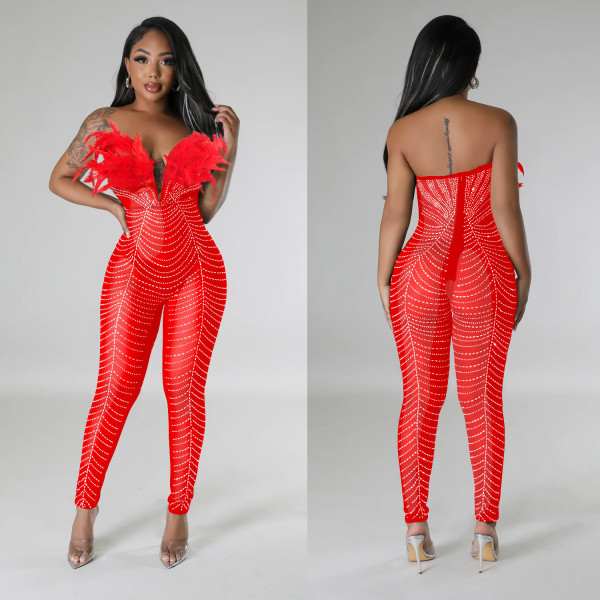 SC Solid Color Sexy Mesh Hot Rhinestone Jumpsuit BY-6735