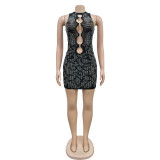 SC Mesh Hot Drill Hollow Out Mini Dress BY-6701