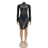 SC Mesh Hot Drill Feather Splicing Mini Dress BY-6672