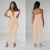SC Solid Color Sexy Mesh Hot Rhinestone Jumpsuit BY-6735