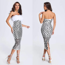 SC Sexy Sequin Tube Top Feather Midi Dress BY-6696