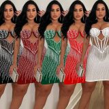 SC Solid Mesh Hot Rhinestone Halter Minit Dress BY-6753