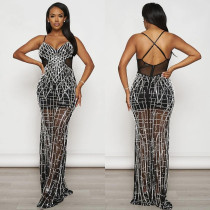SC Solid Mesh Hot Drill Sling Maxi Dress BY-6689