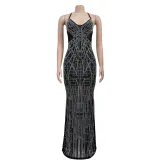SC Solid Mesh Hot Drill Sling Maxi Dress BY-6689