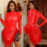 SC Mesh Hot Drill Feather Splicing Mini Dress BY-6672