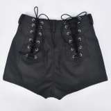 SC Hollow Out Lace-Up PU Leather Skinny Shorts GNZD-8749PD