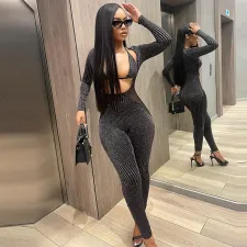 SC Sexy Bra And Slim Long Sleeve Jumpsuit 2 Piece Set GNZD-8771JD