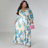 SC Plus Size Loose V Neck Pressed Pleated Long Dress NNWF-N7923
