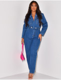 SC Fashion Long Sleeve Blazer Neck Denim Jumpsuit LX-6971