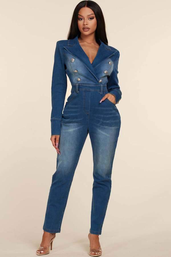 SC Blazer Collar Double Button Denim Jumpsuit LX-6970