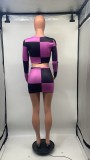 SC Long Sleeve Printed Color Block Two Piece Skirt Set GDNY-1071
