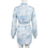 SC Tie Dye Print Long Sleeve Coat Skirt Two Piece Set GNZD-9556SD