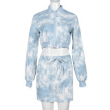 SC Tie Dye Print Long Sleeve Coat Skirt Two Piece Set GNZD-9556SD