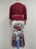 SC Plus Size 3/4 Sleeve Tops And Print Skirt 2 Piece Set GJXI-JX504