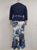 SC Plus Size 3/4 Sleeve Tops And Print Skirt 2 Piece Set GJXI-JX504