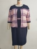 SC Plus Size Stripe Coat Midi Dress 2 Piece Set GJXI-JX514