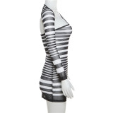 SC One Shoulder See Through Mesh Striped Dress GYME-K23D32554